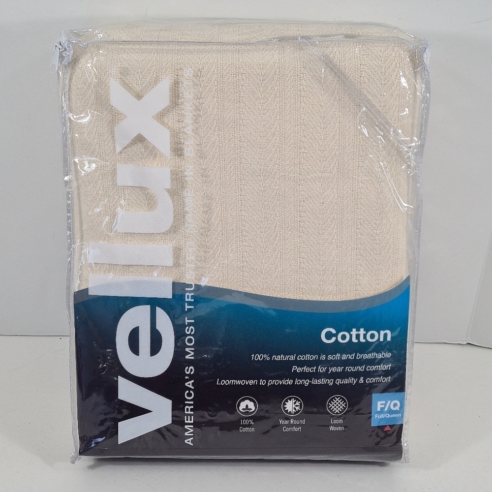 Vellux 100% Cotton Loom Woven Blanket in Ecru Full/Queen Size 90"×90"
